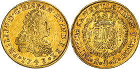 1743. Felipe V. México. MF. 8 escudos. (AC. 2247) (Cal.Onza 441). Bella. Brillo original. Moneda exenta del pago de tasas de exportación. This coin is...