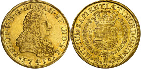 1745. Felipe V. México. MF. 8 escudos. (AC. 2250) (Cal.Onza 443). Parte de brillo original. Moneda exenta del pago de tasas de exportación. This coin ...