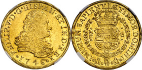 1746. Felipe V. México. MF. 8 escudos. (AC. 2252) (Cal.Onza 445). El 6 de la fecha acuñado tres veces. En cápsula de la NGC como AU58, nº 6634463-009....