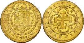 1701. Felipe V. Sevilla. M. 8 escudos. (AC. 2267) (Cal.Onza 464). Tipo "Cruz". 8-M / S-8. Escudo de los Borbones. Bella. Moneda exenta del pago de tas...