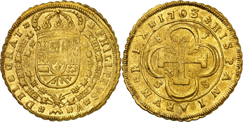 1703. Felipe V. Sevilla. J. 8 escudos. (AC. 2270) (Cal.Onza 473). Tipo "Cruz". 8...