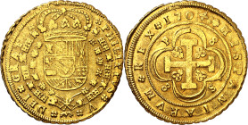 1704. Felipe V. Sevilla. P. 8 escudos. (AC. 2271) (Cal.Onza 481). Tipo "cruz". P-8 / 8-S. El 4 inclinado. Muy rara. 27,02 g. MBC+.

1704. Felipe V. ...