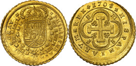 1708. Felipe V. Sevilla. M. 8 escudos. (AC. 2276) (Cal.Onza 490). Tipo "Cruz". 8-M / S-8. Bella. Brillo original. Moneda exenta del pago de tasas de e...