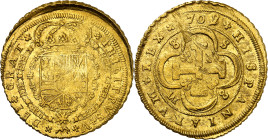 1709/8. Felipe V. Sevilla. M. 8 escudos. (AC. 2277) (Cal.Onza 492). Tipo "Cruz". 8-S / M-8. Rayita en reverso. Atractiva. Moneda exenta del pago de ta...