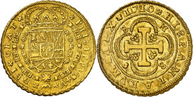 1710. Felipe V. Sevilla. M. 8 escudos. (AC. 2278) (Cal.Onza 493). Tipo "Cruz". 8-M / S-8. HIPANIARVM. Bella. Moneda exenta del pago de tasas de export...