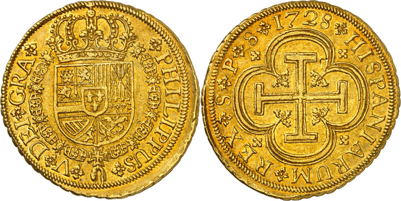 1728. Felipe V. Sevilla. P. 8 escudos. (AC. 2301) (Cal.Onza 524). Tipo "Cruz". B...