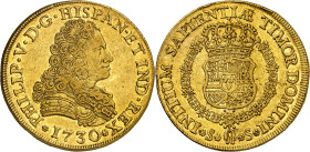 1730. Felipe V. Sevilla. 8 escudos. (AC. 2305) (Cal.Onza 528). Sin indicación de valor ni ensayador. Parte de brillo original. Moneda exenta del pago ...