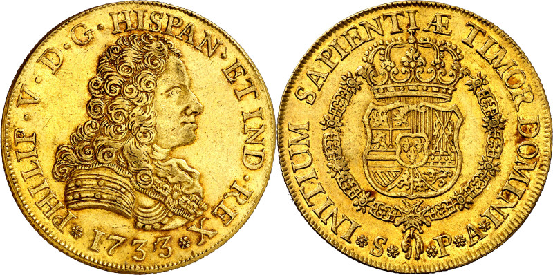 1733. Felipe V. Sevilla. PA. 8 escudos. (AC. 2308) (Cal.Onza 531, indica "muy ra...