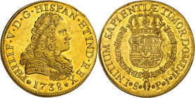 1738. Felipe V. Sevilla. PJ. 8 escudos. (AC. 2314) (Cal.Onza 537, la señala como "rara"). Sin indicación de valor. Bella. Moneda exenta del pago de ta...