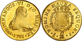 1751. Fernando VI. Santiago. J. 8 escudos. (AC. 824) (Cal.Onza 644). Acuñación floja en algunas zonas. Bella. Brillo original. 27 g. S/C-.

1751. Fe...