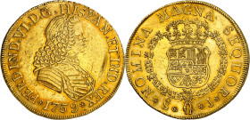 1759. Fernando VI. Santiago. J. 8 escudos. (AC. 837) (Cal.Onza 657). Bella. Moneda exenta del pago de tasas de exportación. This coin is exempt of any...