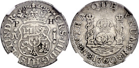 1760. Carlos III. Santa Fe de Nuevo Reino. JV. 1 real. (AC. 499) (Restrepo 36-1). Columnario. En cápsula de la NGC como VF Details, nº 4188188-002. Le...