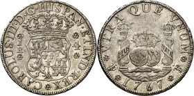 1767. Carlos III. Potosí. JR. 4 reales. (AC. 921). Columnario. Punto sobre las dos marcas de ceca. Bella. Brillo original. Rara y más así. 13,42 g. EB...