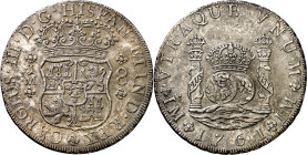 1761. Carlos III. Lima. JM. 8 reales. (AC. 1020). Columnario. Punto sobre las dos marcas de ceca. Muy bella. Brillo original. Rara así. 26,88 g. EBC+....