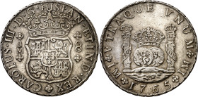 1765. Carlos III. Lima. JM. 8 reales. (AC. 1025). Columnario. Punto sólo sobre la primera marca de ceca. Atractiva. Escasa. 27,03 g. EBC-.

1765. Ca...