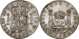 1766. Carlos III. Lima. JM. 8 reales. (AC. 1026). Columnario. Punto sólo sobre la primera marca de ceca. Limpiada. Escasa. 26,72 g. EBC-.

1766. Car...