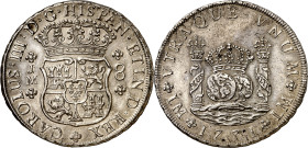 1771. Carlos III. Lima. JM. 8 reales. (AC. 1032). Columnario. Punto sólo sobre la primera marca de ceca. Precioso color. Rara así. 26,76 g. EBC+.

1...