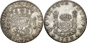 1763/2. Carlos III. México. MM. 8 reales. (AC. 1083). Columnario. Leves rayitas. Atractiva. Rara y más así. 26,76 g. MBC+.

1763/2. Carlos III. Mexi...