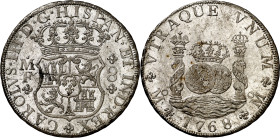 1768. Carlos III. México. MF. 8 reales. (AC. 1094). Columnario. Bellísima. Pleno brillo original. Muy rara así. 26,90 g. S/C-.

1768. Carlos III. Me...