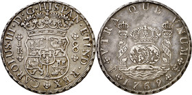 1769. Carlos III. Potosí. JR. 8 reales. (AC. 1164). Columnario. Punto sobre las dos marcas de ceca. 9 recto. Punto después de CAROLVS. Bella pátina. R...
