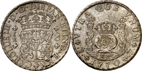 1770. Carlos III. Potosí. JR. 8 reales. (AC. 1168). Columnario. Punto sobre las dos marcas de ceca. Muy bella. Brillo original. Rara así. 26,91 g. EBC...