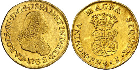1762. Carlos III. Popayán. J. 2 escudos. (AC. 1616) (Restepo 58-6). Busto de Fernando VI. Mínimas rayitas. Bella. Gran parte de brillo original. Rara....