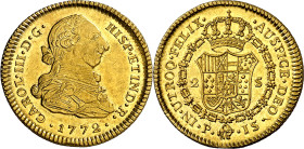 1772. Carlos III. Popayán. JS. 2 escudos. (AC. 1627) (Restepo 62-1). Primer año de busto propio. Bellísima. Pleno brillo original. Rara así. 6,72 g. S...