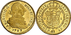 1787. Carlos III. Popayán. SF. 2 escudos. (AC. 1652) (Restrepo 62-32). Bella. Brillo original. Rara así. 6,74 g. S/C-.

1787. Carlos III. Popayán. S...