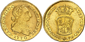1770. Carlos III. Santa Fe de Nuevo Reino. VJ. 2 escudos. (AC. 1683) (Restrepo 60-18). Tipo "cara de rata". Precioso color. Rara. 6,68 g. MBC+.

177...