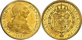 1775/4. Carlos III. México. FM. 4 escudos. (AC. 1812.1) (KM. 142.2 no reseña la sobrefecha). Ceca y ensayador invertidos. Bellísima. Brillo original. ...