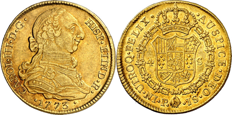 1773. Carlos III. Popayán. JS. 4 escudos. (AC. 1834) (Restrepo 68-1). Primer año...