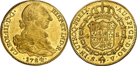 1784/3. Carlos III. Sevilla. V. 4 escudos. (AC. 1895.1). Único año de este ensayador. Muy bella. Brillo original. Rarísima, sólo hemos tenido 2 ejempl...
