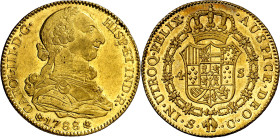 1788/7. Carlos III. Sevilla. C/CM. 4 escudos. (AC. 1903). Único año de este esayador. Leves marquitas. Bellísima. Pleno brillo original. Rara así. 13,...