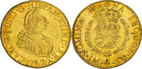 1762. Carlos III. Lima. JM. 8 escudos. (AC. 1915) (Cal.Onza 674). Primer busto. Leves marquitas. Muy bella. Moneda exenta del pago de tasas de exporta...