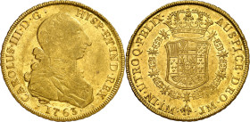1763. Carlos III. Lima. JM. 8 escudos. (AC. 1916) (Cal.Onza 675). Primer tipo "cara de rata". Acuñación floja. Leves rayitas. Muy bella. Brillo origin...
