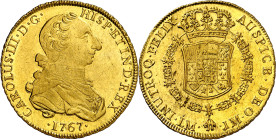 1767. Carlos III. Lima. JM. 8 escudos. (AC. 1920) (Cal.Onza 681). Primer tipo "cara de rata". Leves marquitas. Muy bella. Brillo original. Rara y más ...
