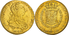 1768. Carlos III. Lima. JM. 8 escudos. (AC. 1921) (Cal.Onza 682). Primer tipo "cara de rata". Parte de brillo original. Moneda exenta del pago de tasa...