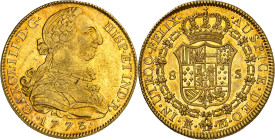 1773. Carlos III. Madrid. PJ. 8 escudos. (AC. 1958) (Cal.Onza 722 var). Punto entre los ensayadores. Bella. Precioso color. Moneda exenta del pago de ...