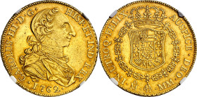 1762. Carlos III. México. MM. 8 escudos. (AC. 1981) (Cal.Onza 744). Tipo "cara de rata". En cápsula de la NGC como AU58, nº 6634463-003. Precioso colo...