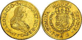 1770. Carlos III. Popayán. J. 8 escudos. (AC. 2035) (Cal.Onza 797) (Restrepo 70-20). Busto de Fernando VI. Leves marquitas. Atractiva. Precioso color....
