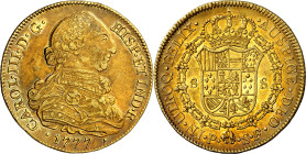 1777. Carlos III. Popayán. SF. 8 escudos. (AC. 2045) (Cal.Onza 808) (Restrepo 73-20). Leves marquitas. Bella. Precioso color. Rara así. 27,03 g. EBC/E...