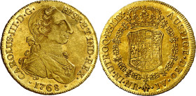 1768. Carlos III. Santa Fe de Nuevo Reino. JV. 8 escudos. (AC. 2089) (Cal.Onza 858) (Restrepo 71-12). Tipo "cara de rata". Sin punto entre los ensayad...