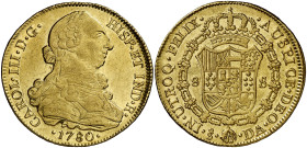 1780. Carlos III. Santiago. DA. 8 escudos. (AC. 2161) (Cal.Onza 935). Golpecito en canto. Bella. Brillo original. Ex Colección Gaspar de Portolà 29/11...