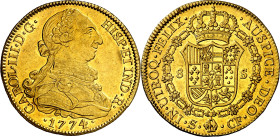1774. Carlos III. Sevilla. CF. 8 escudos. (AC. 2183) (Cal.Onza 958). Muy bella. Brillo original. Escasa así. 27,15 g. EBC+.

1774. Carlos III. Sevil...