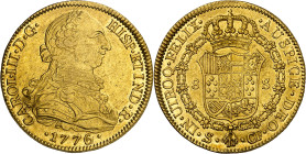 1776/5. Carlos III. Sevilla. CF. 8 escudos. (AC. 2185) (Cal.Onza 960, la señala como "muy rara"). Bella. Brillo original. Moneda exenta del pago de ta...