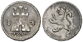 1799. Carlos IV. Potosí. 1/4 de real. (AC. 147). Pátina irregular. Bella. Ex Áureo & Calicó 26/04/2012, nº 657. 0,81 g. EBC+/EBC.

1799. Carlos IV. ...