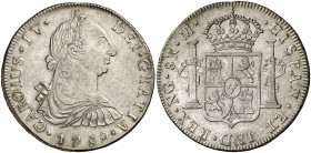 1789. Carlos IV. Guatemala. M. 8 reales. (AC. 877). Busto de Carlos III. Ordinal IV. Leves rayitas pero buen ejemplar. Parte de brillo original. Ex Co...