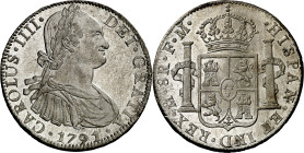 1791. Carlos IV. México. FM. 8 reales. (AC. 953). Primer año de busto propio. Muy bella. Brillo original. Muy rara así. 26,91 g. S/C.

1791. Carlos ...