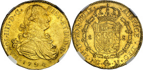 1794. Carlos IV. Guatemala. M. 8 escudos. (AC. 1585) (Cal.Onza 974). En cápsula de la NGC como AU55, nº 6634465-001. Mínimos golpecitos. Muy rara. MBC...