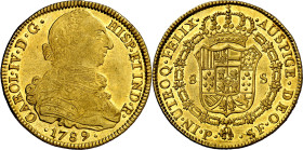 1789. Carlos IV. Popayán. SF. 8 escudos. (AC. 1658) (Cal.Onza 1048) (Restrepo 96-2). Busto de Carlos III. Ordinal IV. Leves rayitas. Bella. Brillo ori...